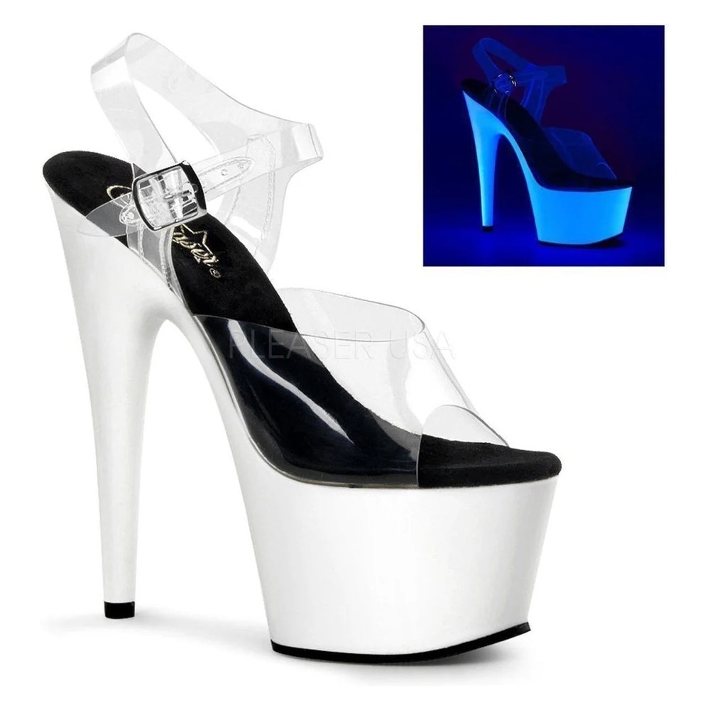 Pleaser Adore White UV and Clear Pole Dance Shoes Platform Heels NWB